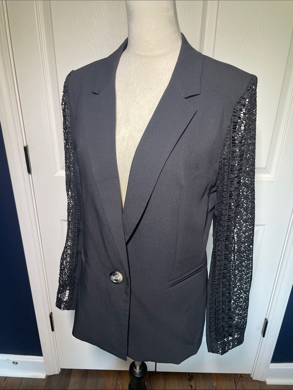 XOXO Tailored Black Blazer with Sheer Crochet Lace Sleeves Size Large